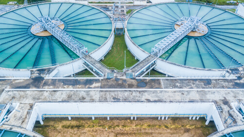 Aerial top view recirculation solid contact clarifier sedimentation tank